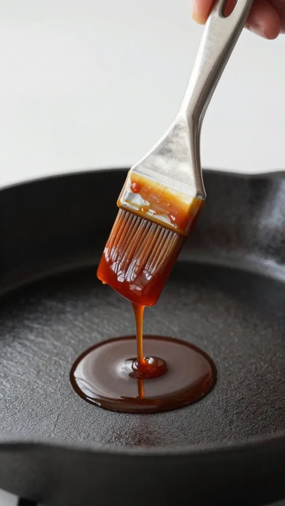 single basting brush dripping bbq sauce over cast-iron pan