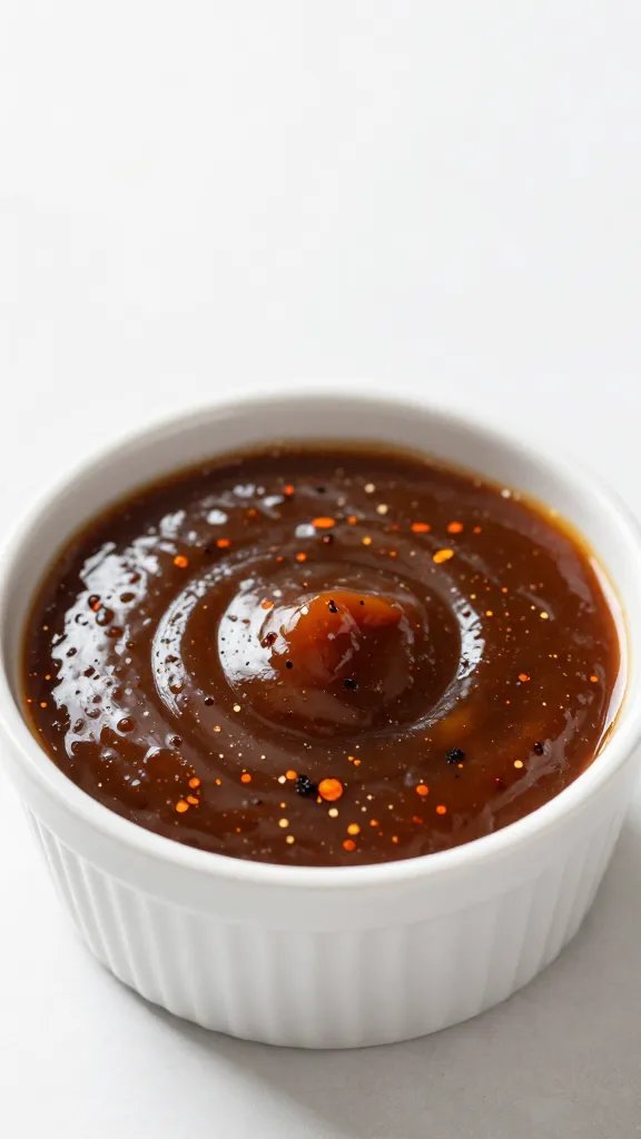 single ramekin of bbq sauce with visible chili flakes
