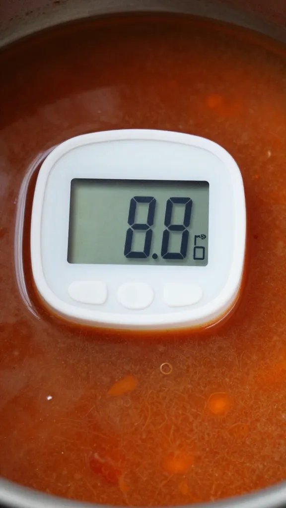 digital thermometer reading near simmer above sauce surface