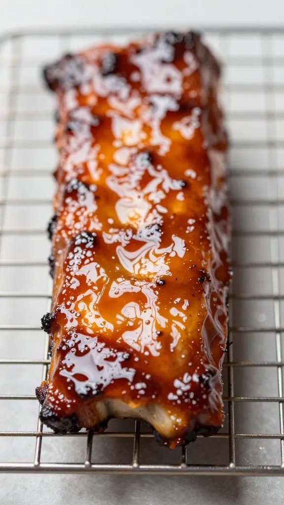single rack rib brushed with clingy bbq glaze, macro shot