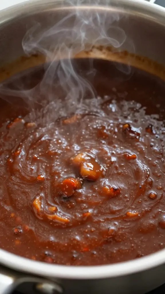 closeup saucepan of simmering smoky BBQ sauce