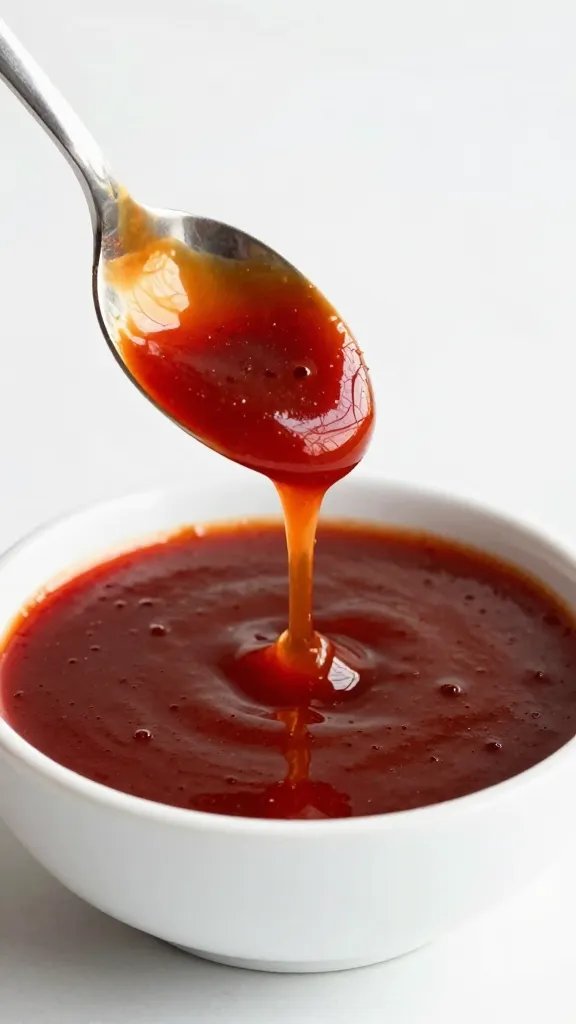 spoon drizzling deep-red BBQ sauce over bowl