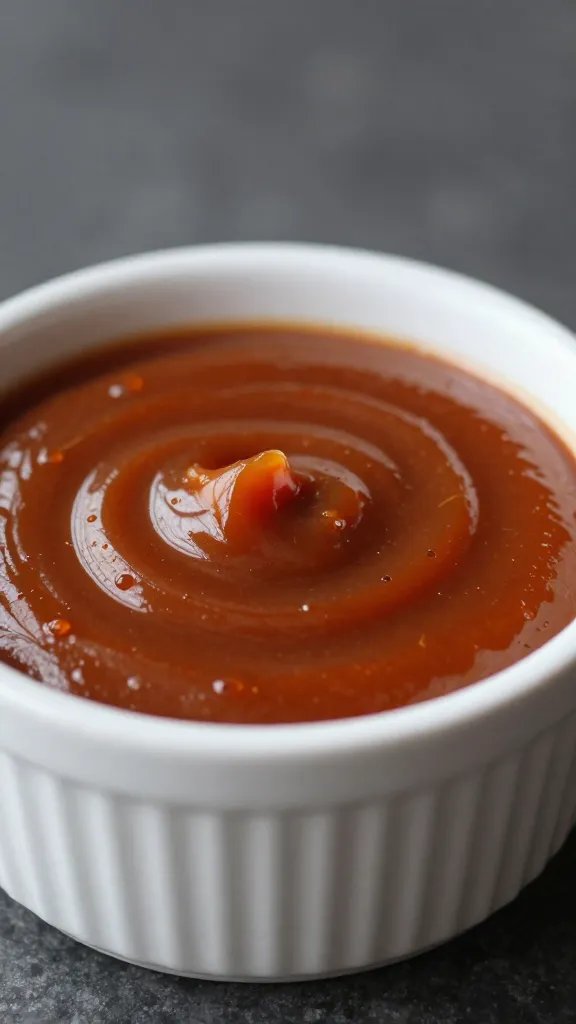 ramekin of tangy BBQ sauce with ripples
