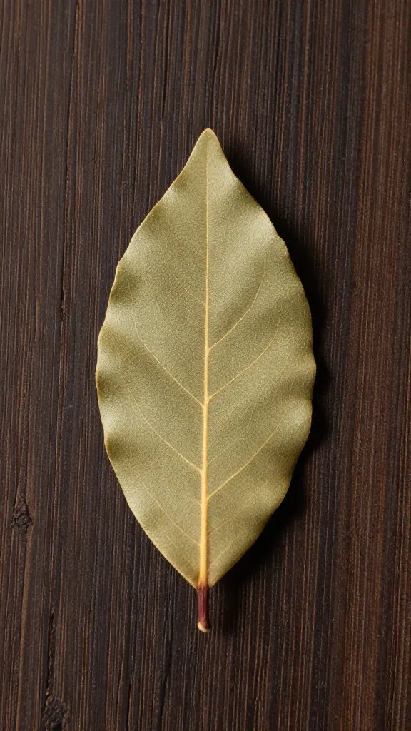 single bay leaf on dark wooden board