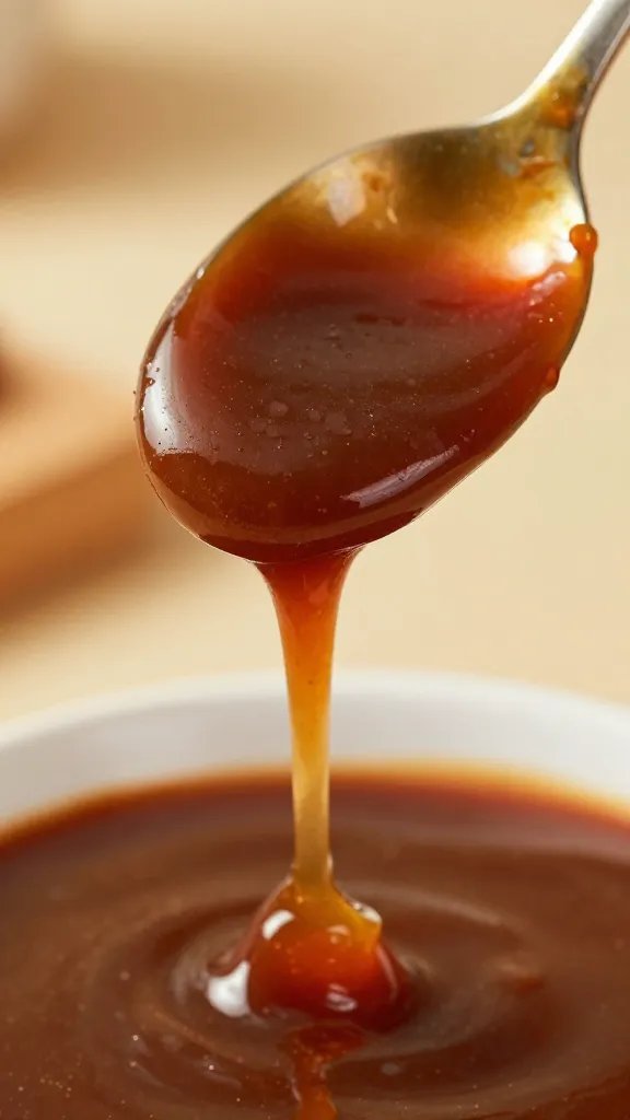 closeup spoonful of glossy bbq sauce dripping