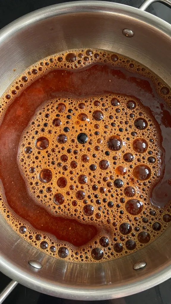 stainless saucepan simmering bbq sauce bubbles