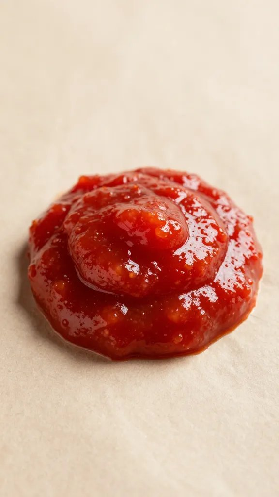 closeup of tomato paste dollop on parchment