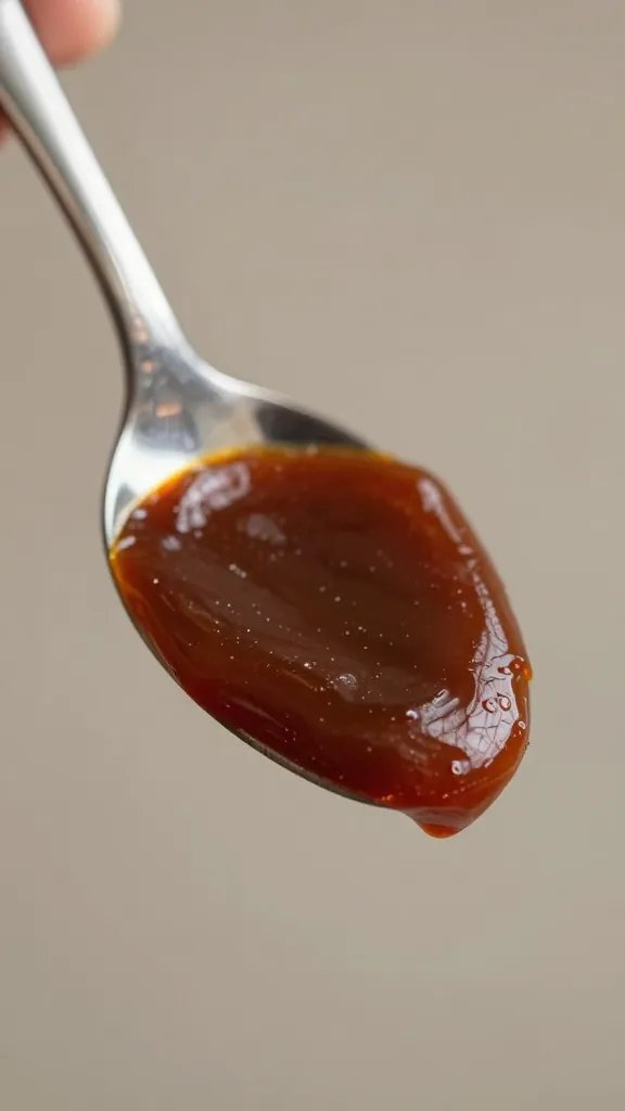 Glossy barbecue sauce ribbon on a stainless spoon