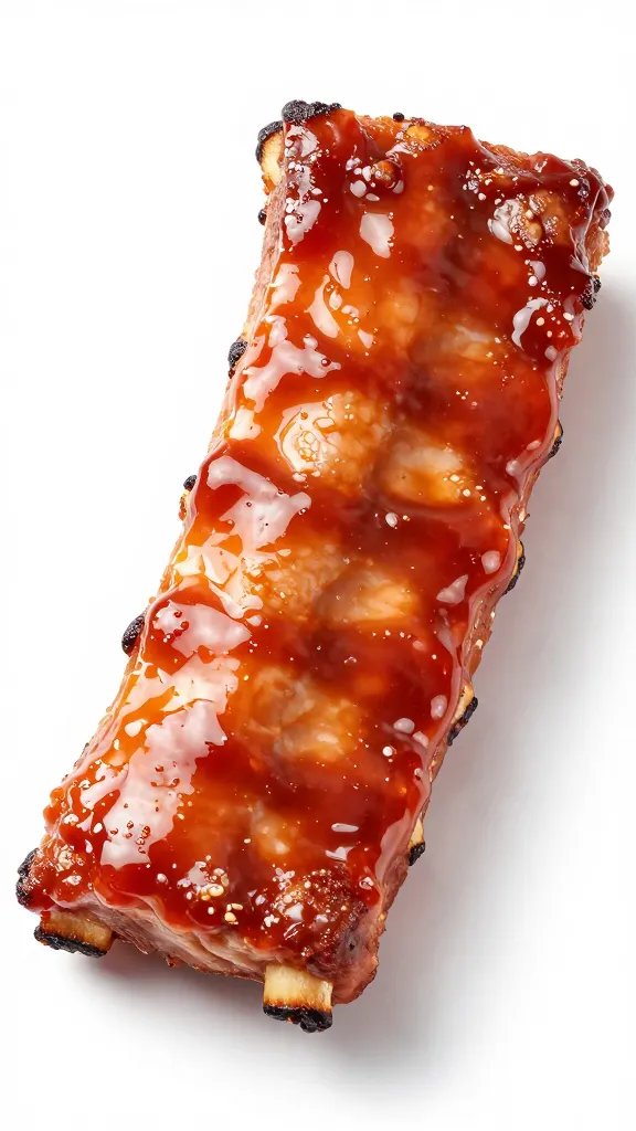 Thickened BBQ sauce coating a single pork rib