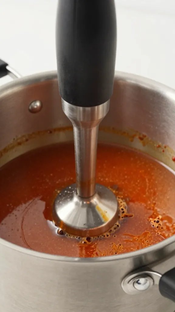 Immersion blender in a pot of sauce