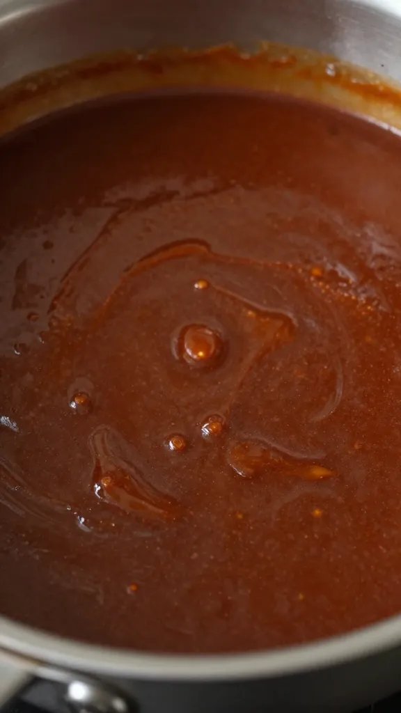 closeup saucepan of simmering BBQ sauce, glossy surface