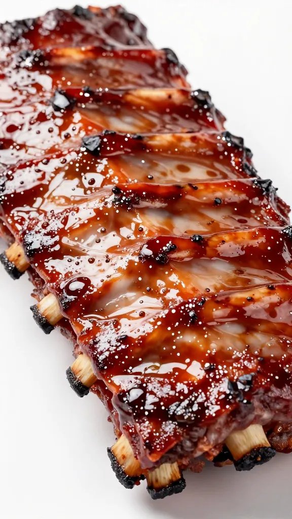 brushed rack of ribs closeup, lacquered finish