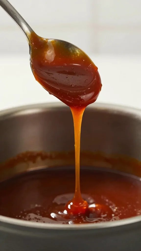 spoonful of BBQ sauce dripping back into pot