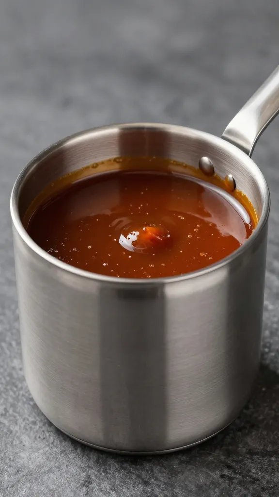 stainless ladle filled with tangy BBQ sauce