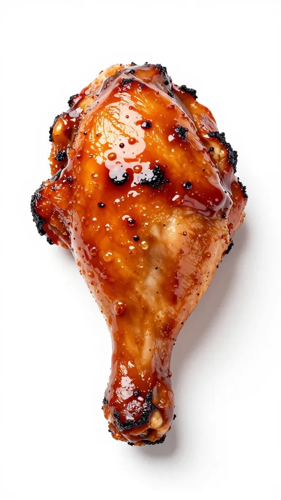 single chicken thigh glazed with BBQ sauce, charred edges