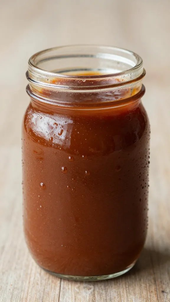 small mason jar of BBQ sauce, condensation beads