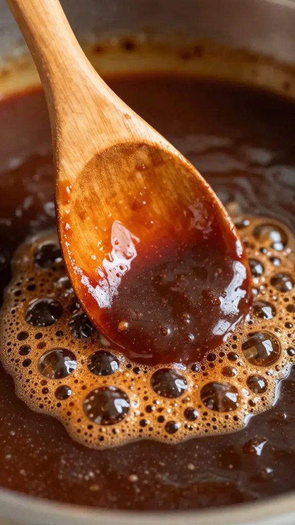closeup wooden spoon stirring bubbling BBQ sauce