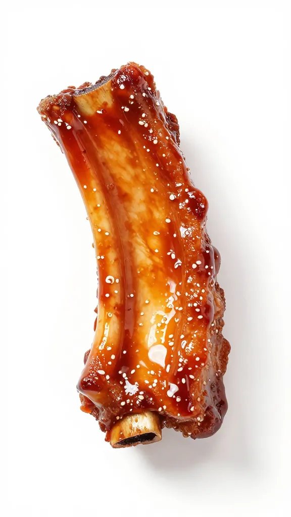 single pork rib bone coated in sticky BBQ sauce
