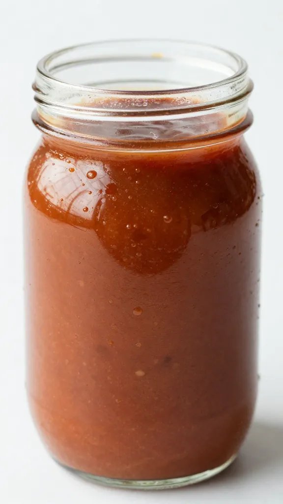 closeup mason jar of no-cook bbq sauce, glass lid
