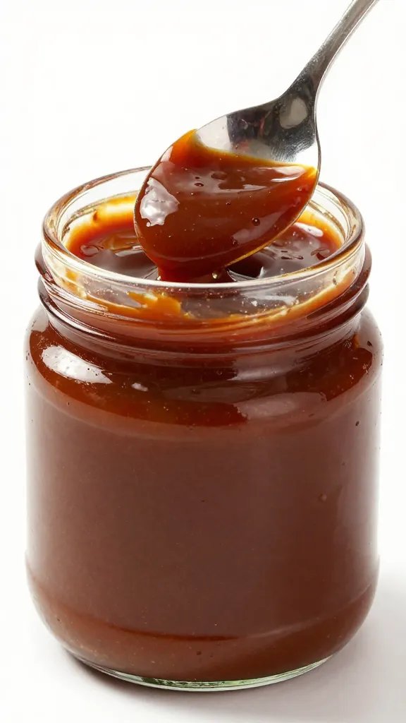 spoonful of smoky bbq sauce, glossy surface highlights