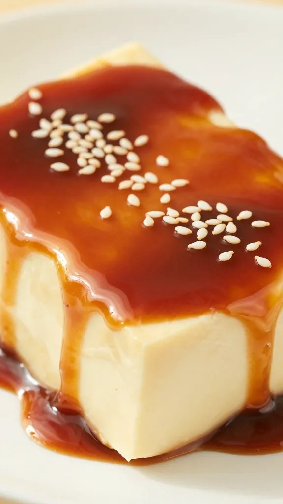 tofu slab coated in bbq sauce, sesame garnish macro