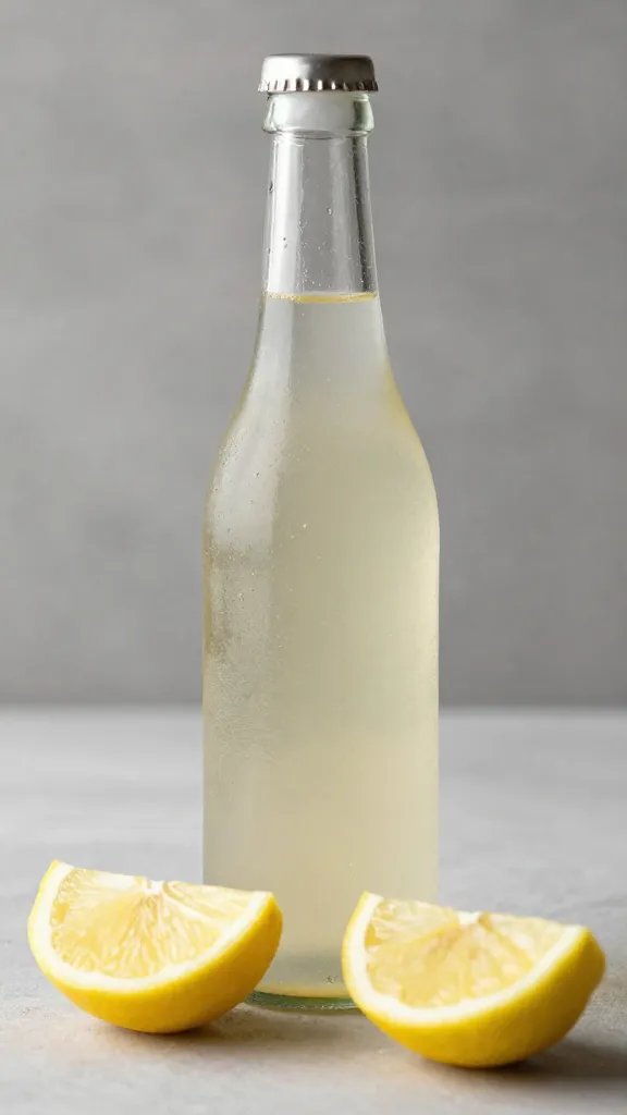 vinegar bottle beside lemon wedge, shallow depth closeup