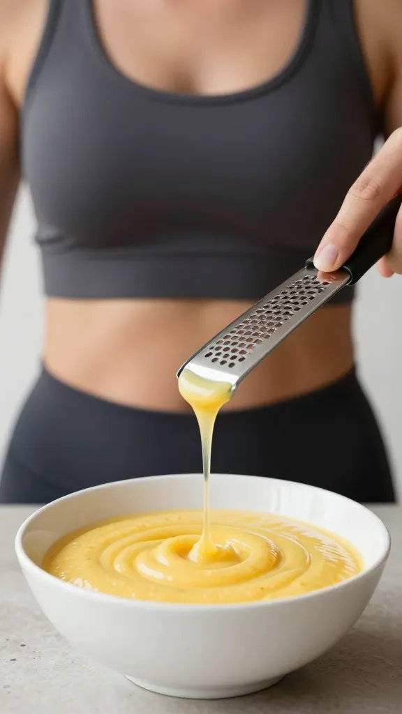 citrus zester over bowl of sauce, tight crop