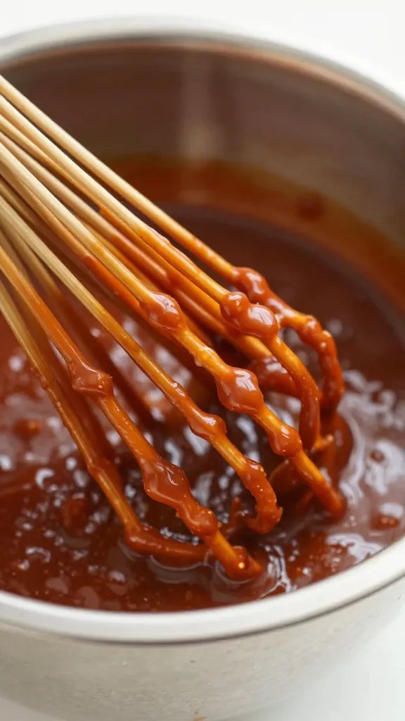 whisk coated in thick bbq sauce, stainless bowl rim closeup