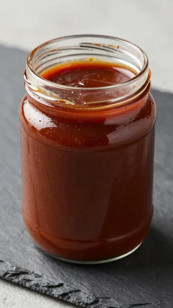 Closeup jar of low-sodium BBQ sauce on slate