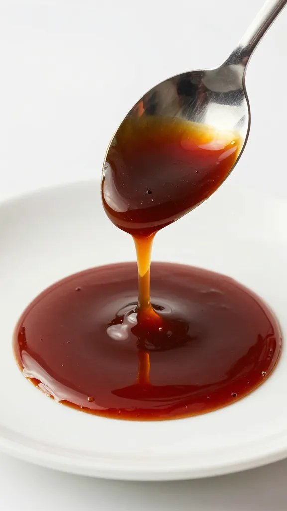 Spoon drizzling low-sodium BBQ sauce over white plate