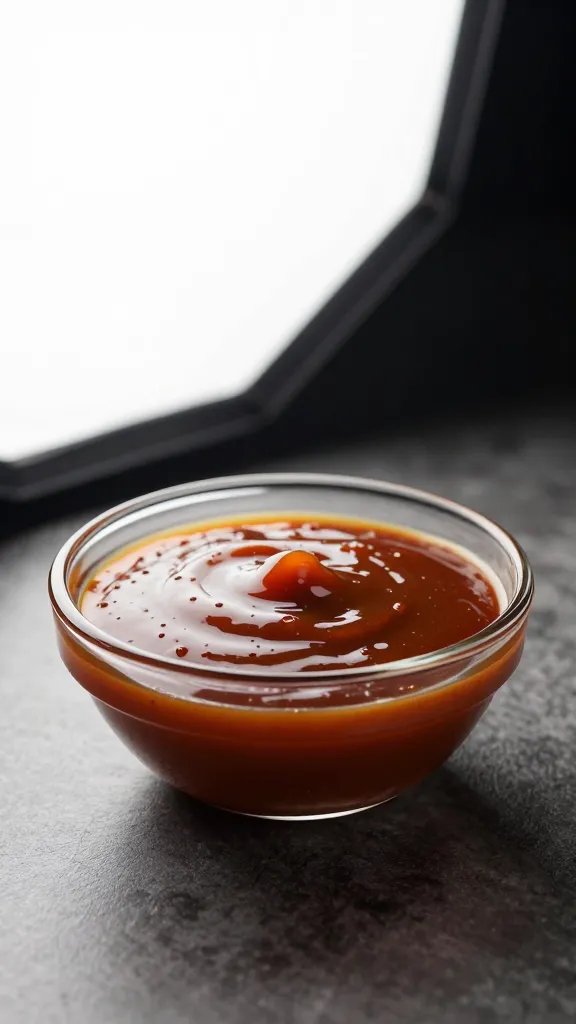 Small glass bowl of low-sodium BBQ sauce, studio light