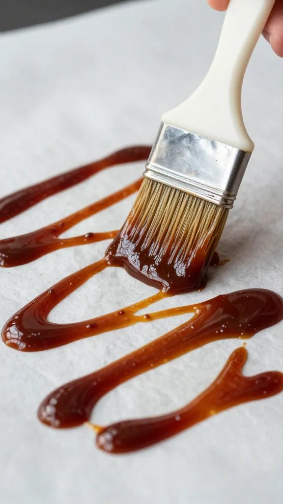 Basting brush strokes of low-sodium BBQ sauce on parchment