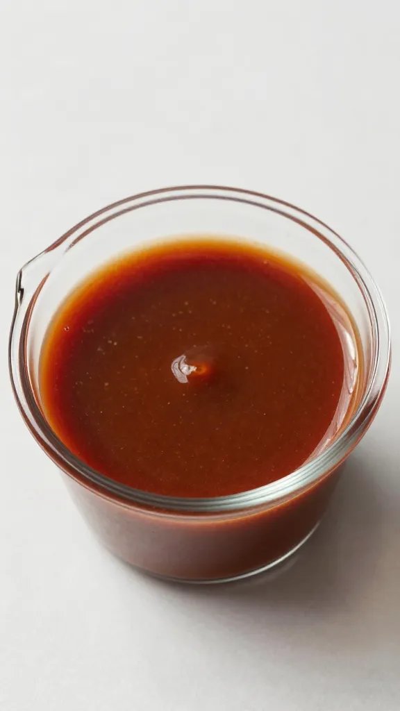 Measuring cup filled with low-sodium BBQ sauce, top view