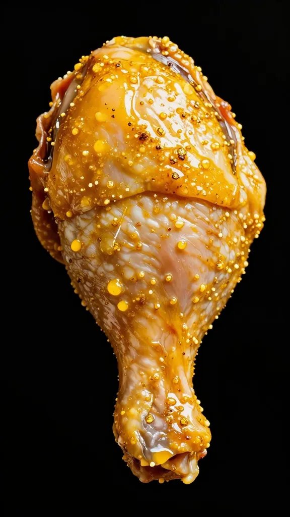single chicken thigh coated in golden marinade, macro shot
