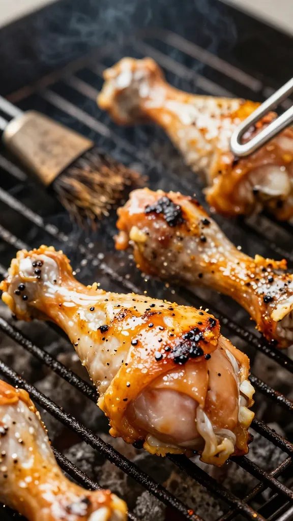 brushed chicken drumstick on grill grates, sizzling closeup