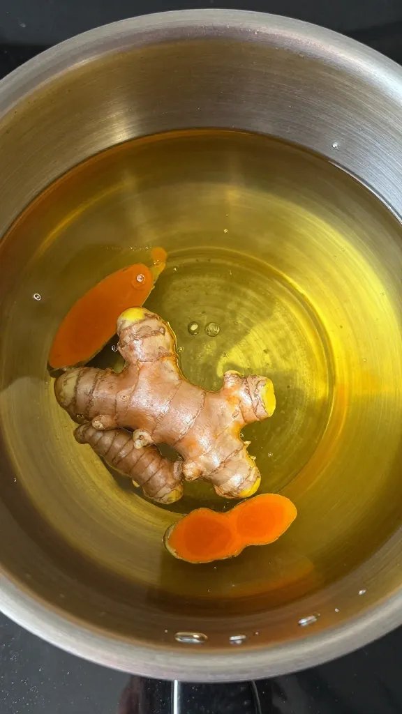 warm oil in stainless saucepan blooming turmeric and ginger