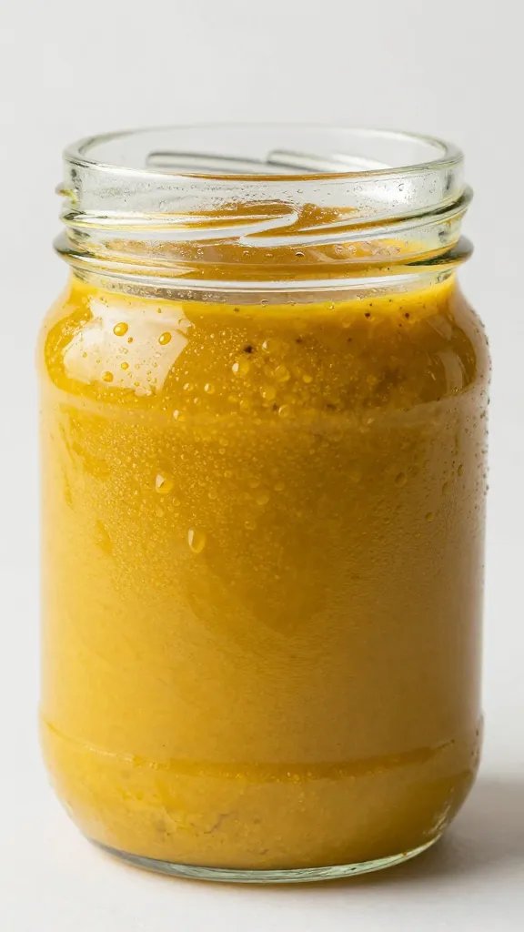 glass jar of turmeric marinade with condensation, tight crop