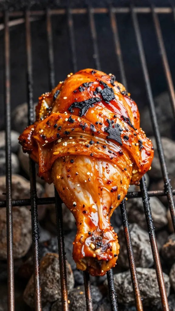 Single marinated chicken thigh on grill grates, char forming