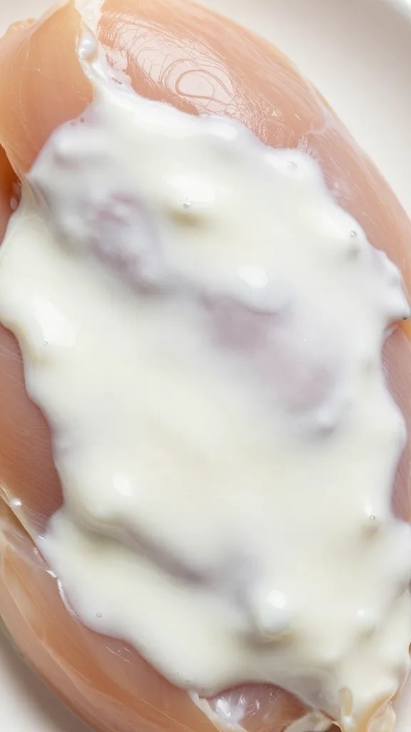 Raw chicken breast coated in yogurt marinade, macro texture