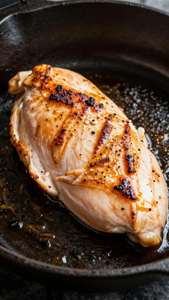 Cast-iron skillet searing marinated chicken breast, sizzle closeup