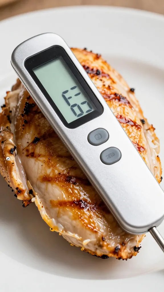 Meat thermometer inserted in grilled chicken breast, 165°F display