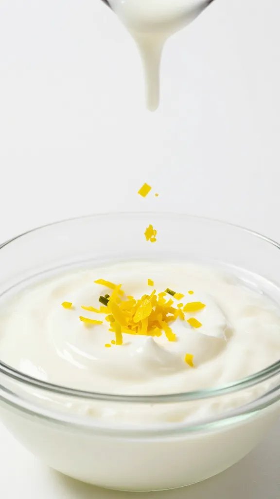 Lemon zest falling onto yogurt marinade in glass bowl