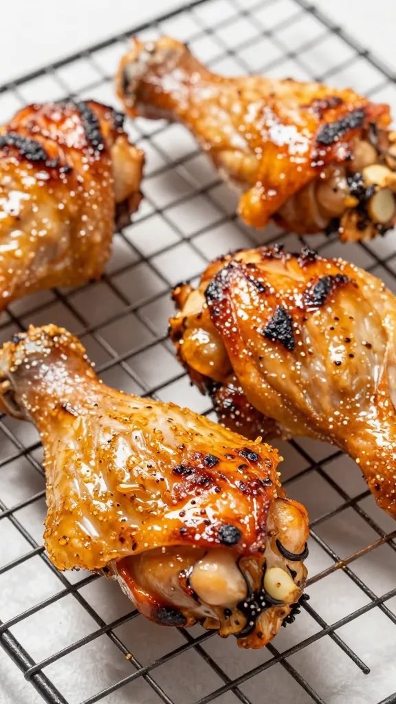 Freshly grilled chicken thigh resting on wire rack, juices visible