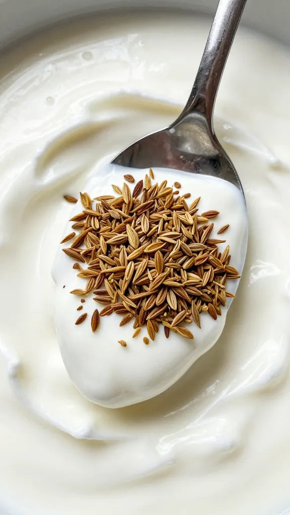 Teaspoon of cumin over Greek yogurt marinade, overhead closeup