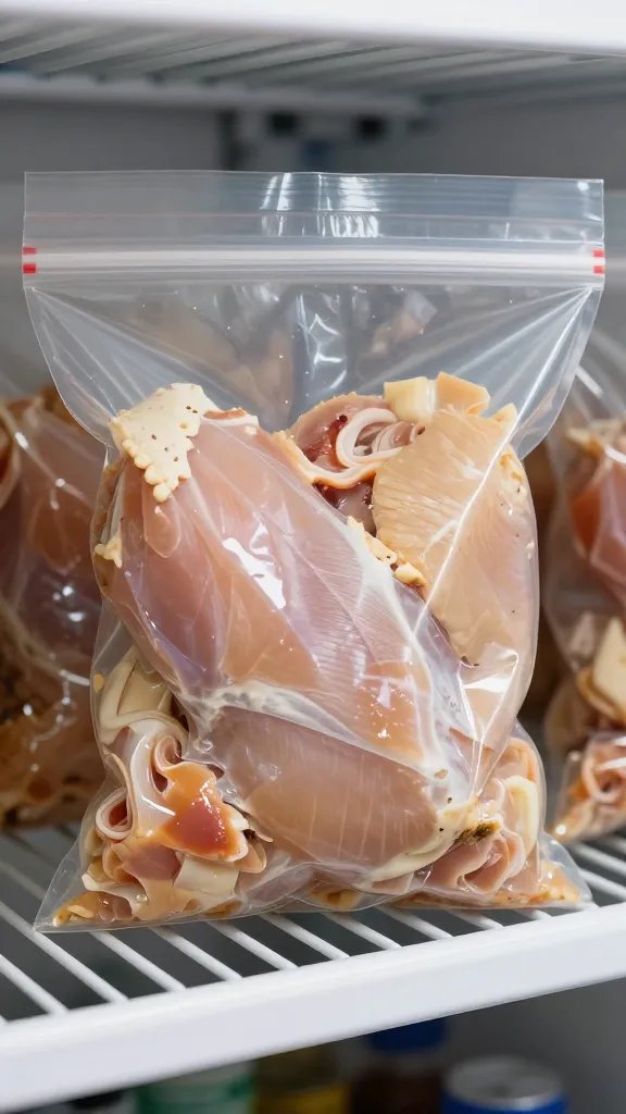 Sealed zip-top bag with marinating chicken, fridge shelf closeup