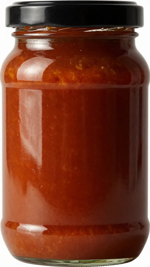 closeup jar of low-sugar bbq sauce, glossy surface