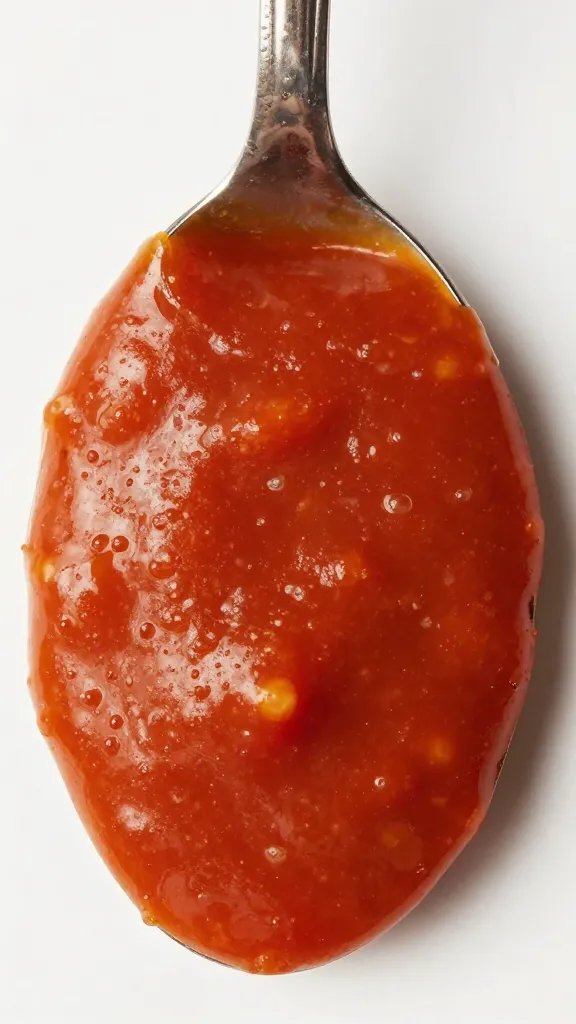 spoonful of smoky tomato-forward bbq sauce, overhead