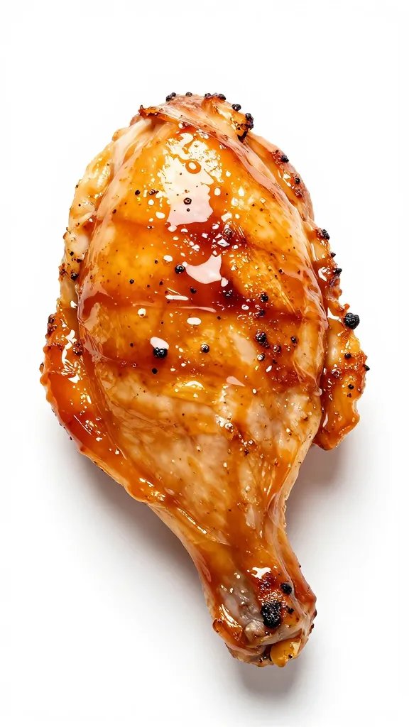 single grilled chicken thigh lacquered with tangy sauce