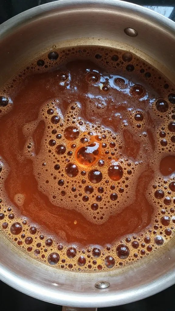 saucepan simmering low-sugar bbq sauce, gentle bubbles