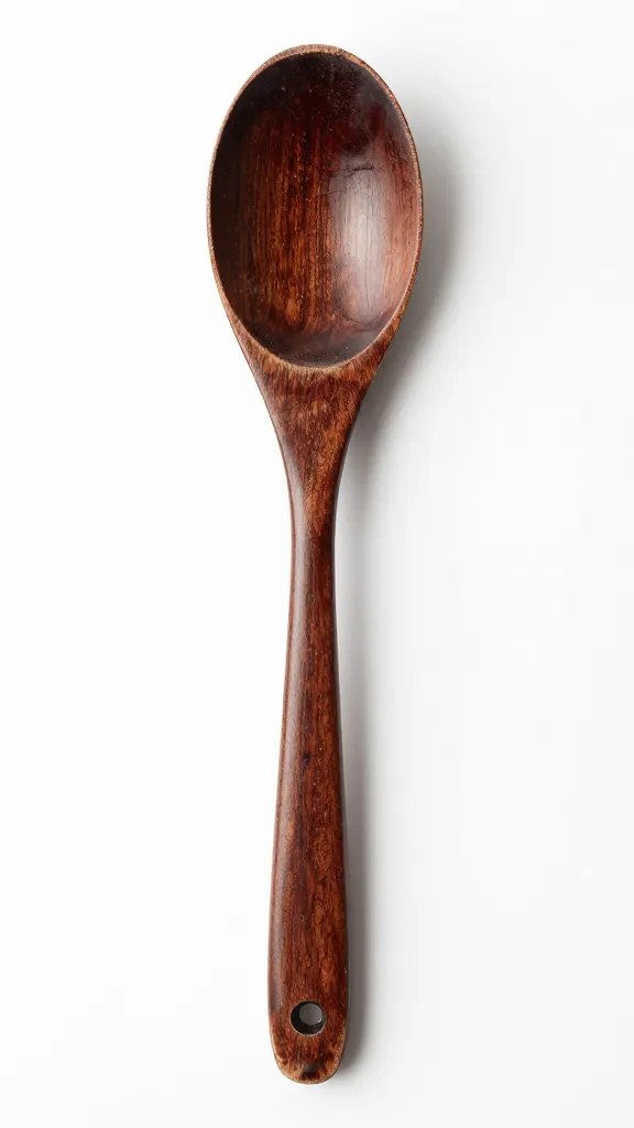 Worcestershire-splashed wooden spoon, dark glossy shine